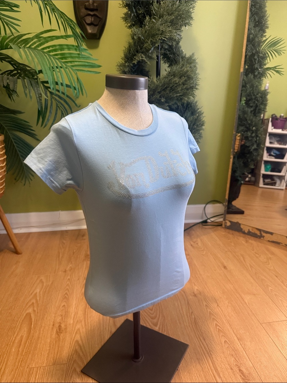 Womens S Von Dutch Baby Blue Rhinestone Logo Fitted T-Shirt Y2K